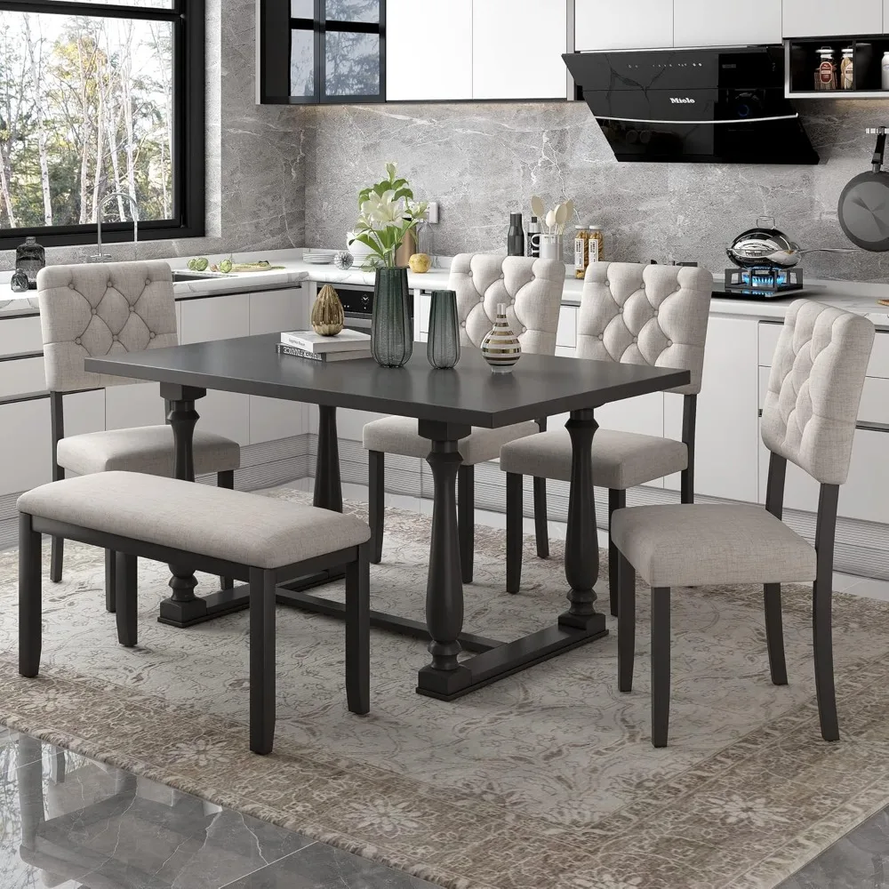 

6-Piece Table and Chair Set with Special-shaped Legs and Foam-covered Seat Backs&Cushions, Dining Room Set