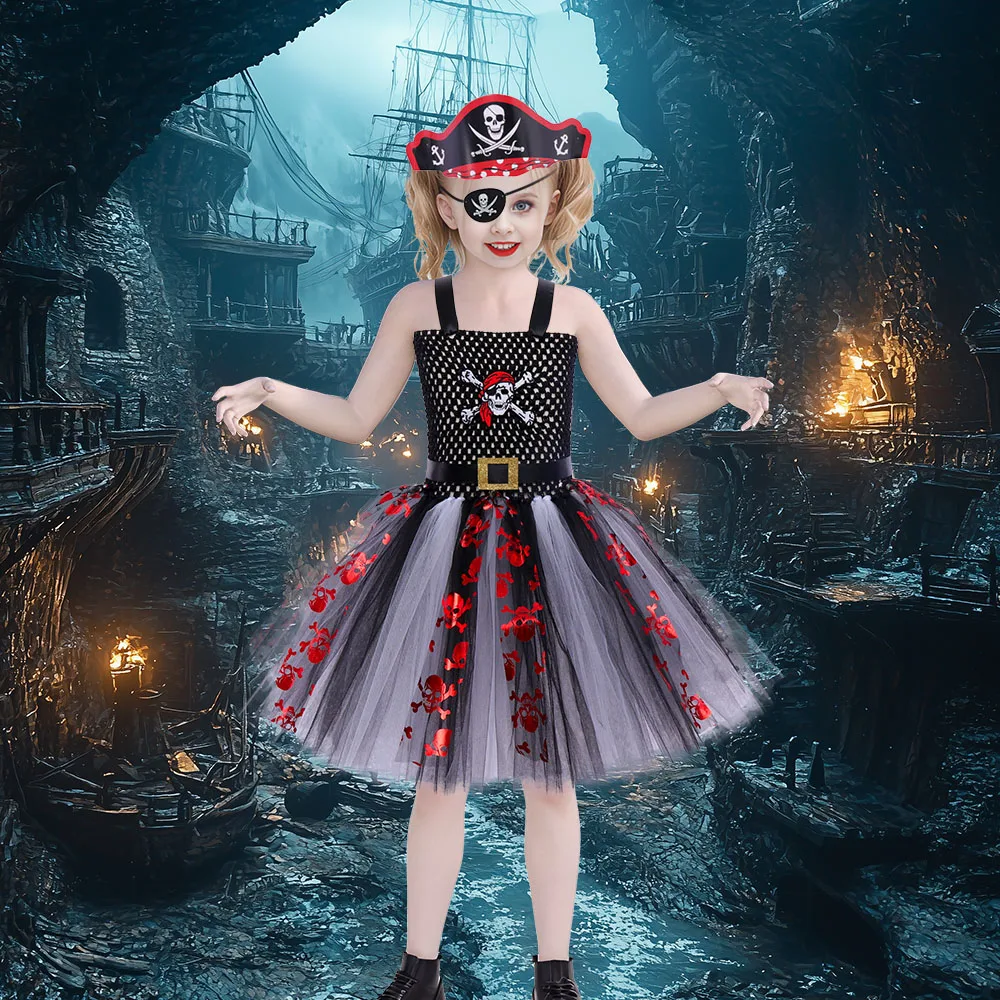 Black White Girls Pirate Costume Tutu Dress Kids Cosplay Costume for Halloween Party Dresses Girl Tulle Dress Fancy Dress