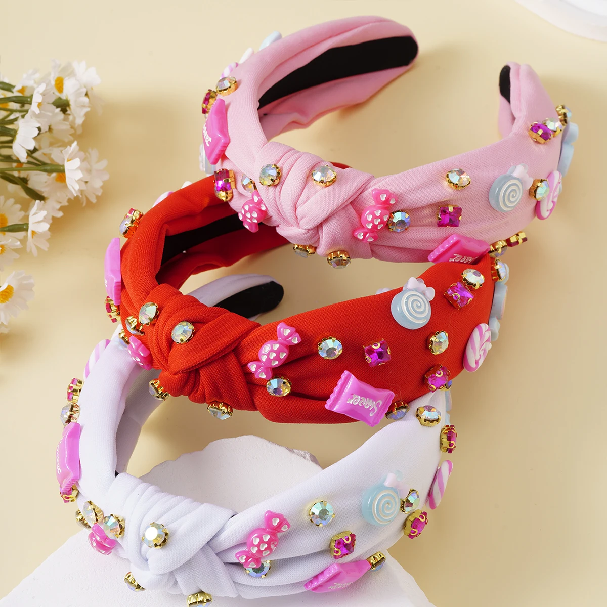 Ikat Rambut Simpul Busur Permen Merah Muda Mode Korea Ikat Kepala Berlian Imitasi Anak Perempuan Manis Aksesori Rambut Elastis Simpai Rambut Pesta Pernikahan