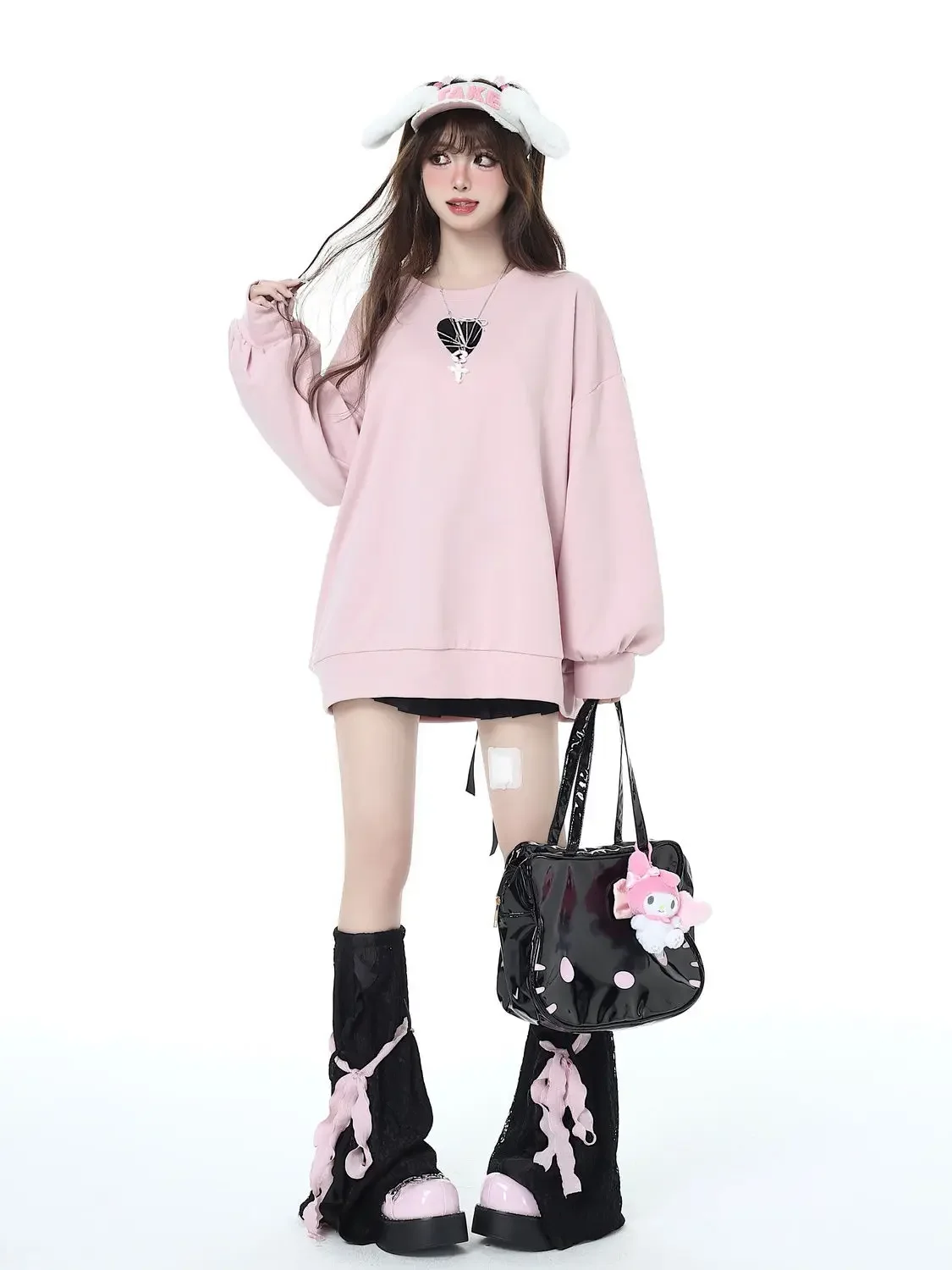 Sweet Sweatshirt Women Love Heart Print Bow Tie Round Neck Sweater Female Spring Autumn Fashion Loose Long Sleeve Y2k Top