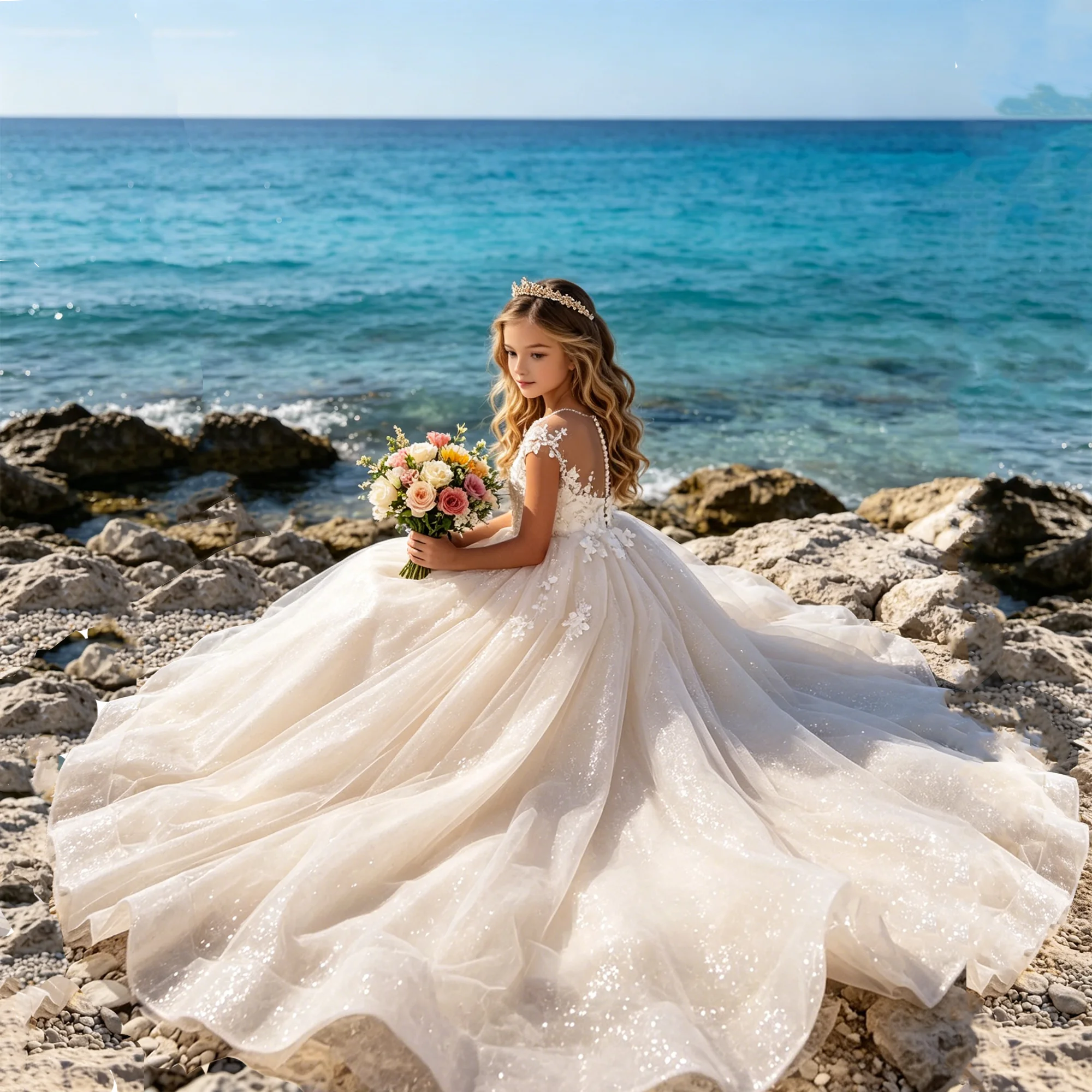 Ivory Elegant Flower Girl Dress For Wedding Lace Shining Tulle Floor Length Kids Birthday Party Evening Dress Princess Ball Gown