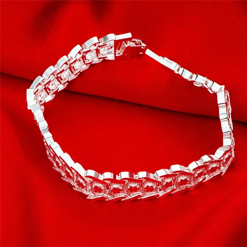 925 Sterling Silver Wide Wristband Bracelet Chain For Women Man Wedding Engagement Party Fashion Jewelry