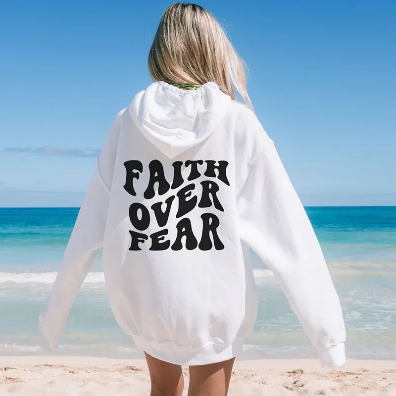 FAITH OVER FEAR Women Plush Sweatshirt Solid Color Letter Print Kangaroo Pocket Drawstring Print Hoodie