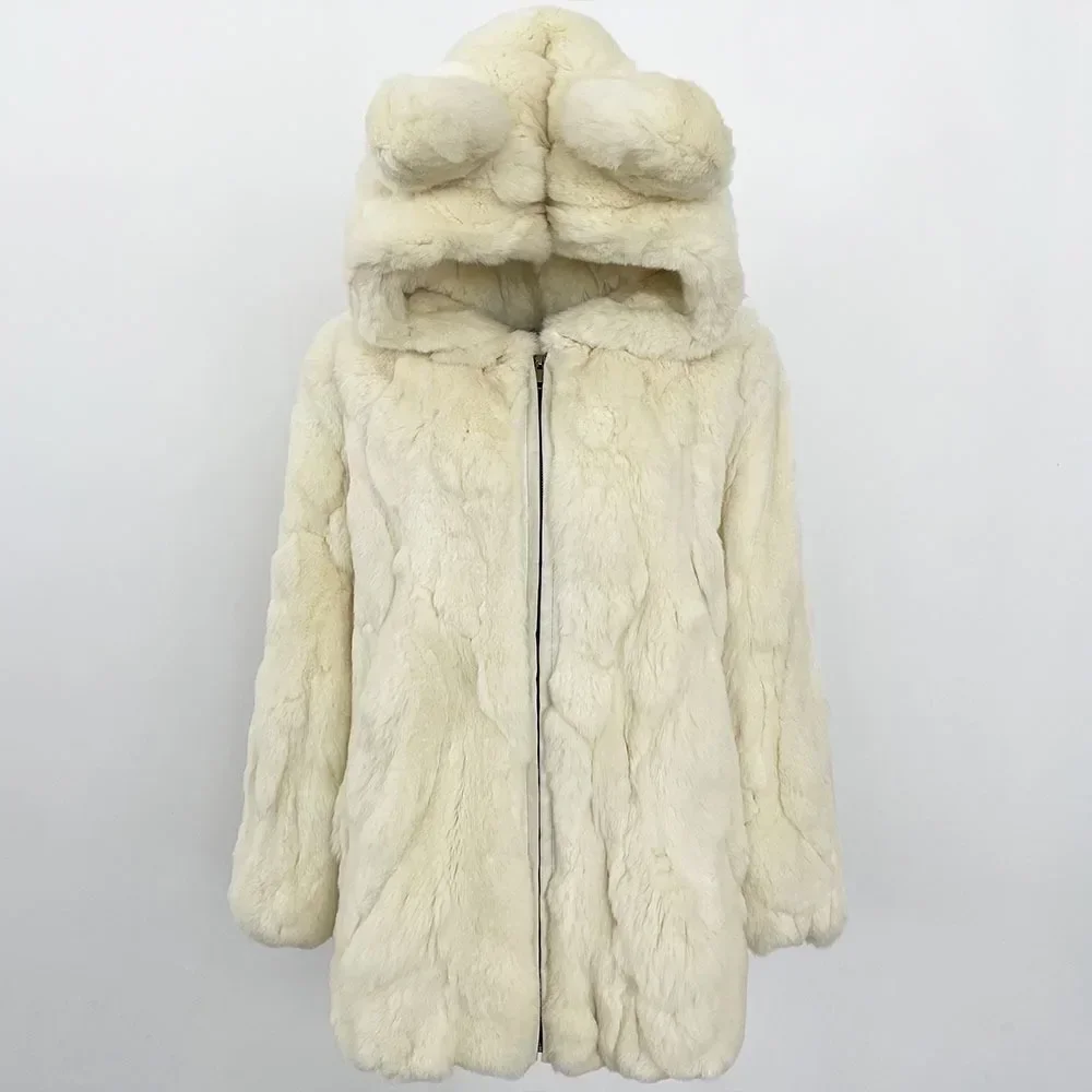

Hooded Natural Rabbit Fur Coat Lady Fashion dignified Mid-length Female Warm 2025 New Autumn Winter Real Rabbit Fur Jacket Women