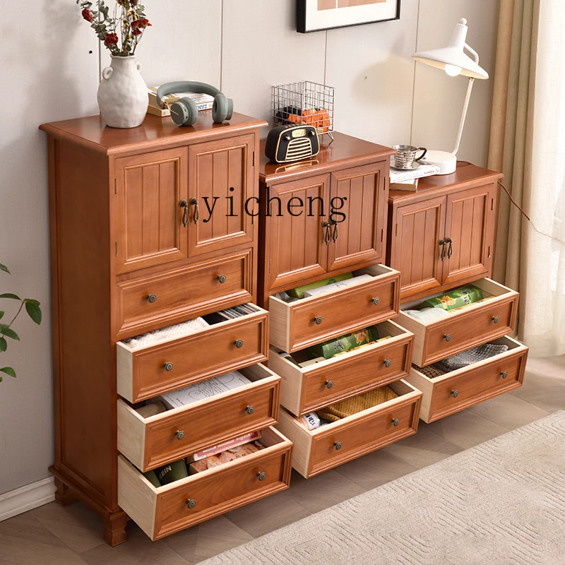 ZF Solid Wood Combination Storage Cabinet Storage Living Room Side Cabinet Walnut Color Simple Chest of Drawers