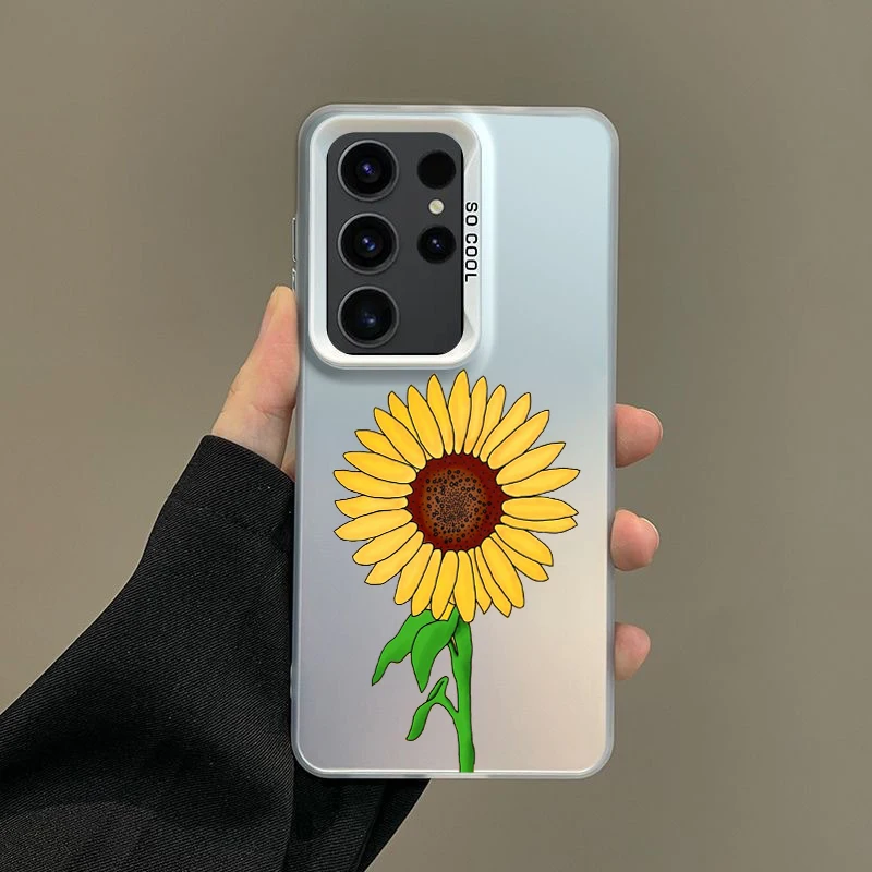 Phone Case For Samsung A56 A36 A26 A24 A16 A14 A12 A32 A50 A70 A22 A30 A34 A54 A52 5G A06 4G Silver IMD Cover sunflower Flower
