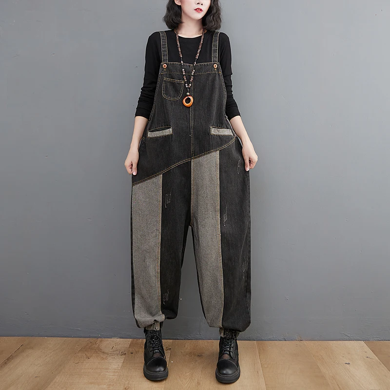 Retro Kolorowe Ogrodniczki Jeansowe Damskie Jesienno-Zimowe Luźne Wyszczuplające Kombinezony z Szerokimi Nogawkami Modne Spodnie z Wysokim Stanem Długie Spodnie