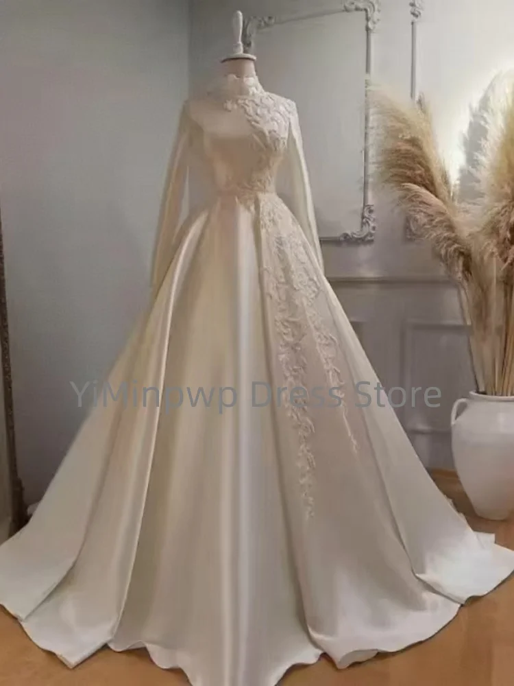 Muslim Wedding Dresses with High Neck Long Sleeve A-Line for Bridal Gown Appliques Sweep Train Modest Woman Dress Customized