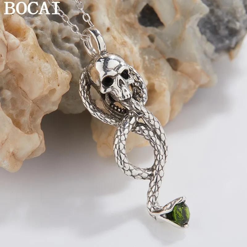

BOCAI NEW S925 Чистое серебро Персонализированный хип-хоп инкрустированный кулон в виде змеи с натуральным диопсидным черепом