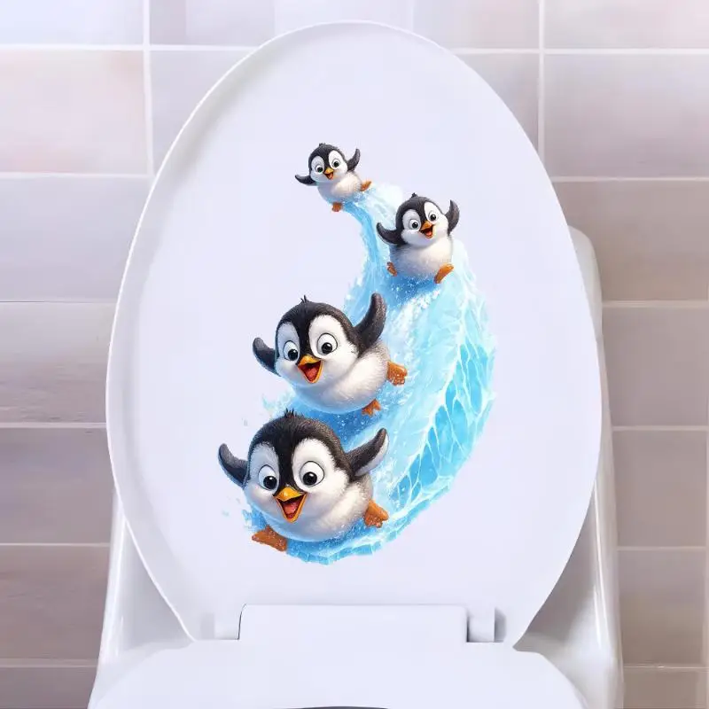 【HG】Cute Sliding Penguins Toilet Decoration Sticker Waterproof Self-Adhesive Bathroom Home Wall Decal