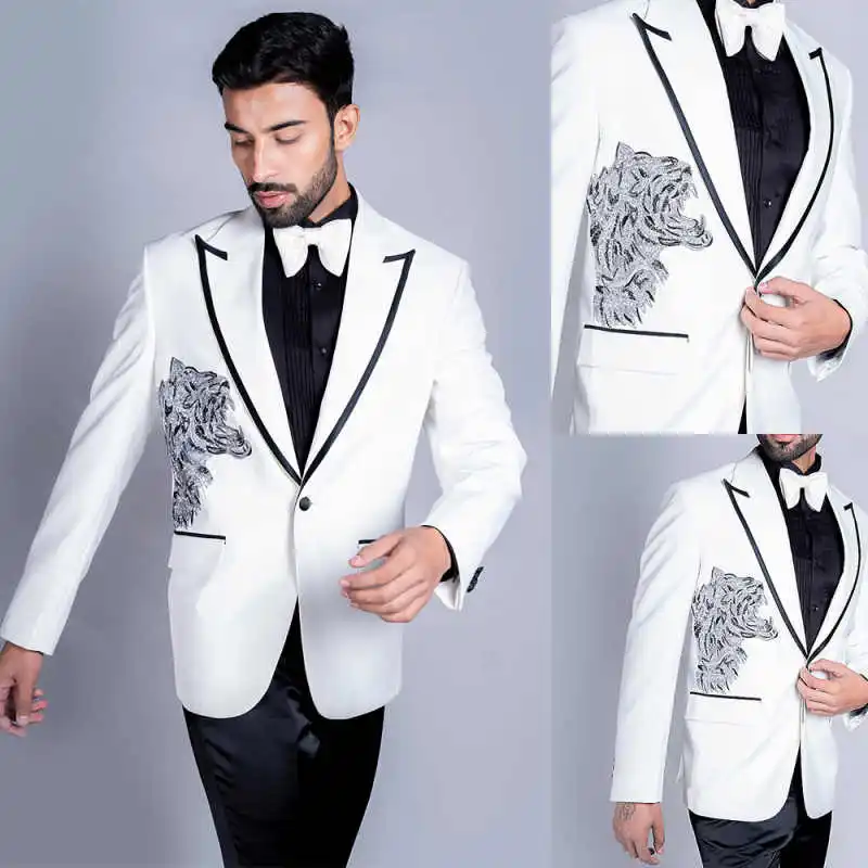 

Fashion Men Suits 2 Pieces Jacket Pants Applique Peaked Lapel Wedding Texudos Banquet Party Suits Customized