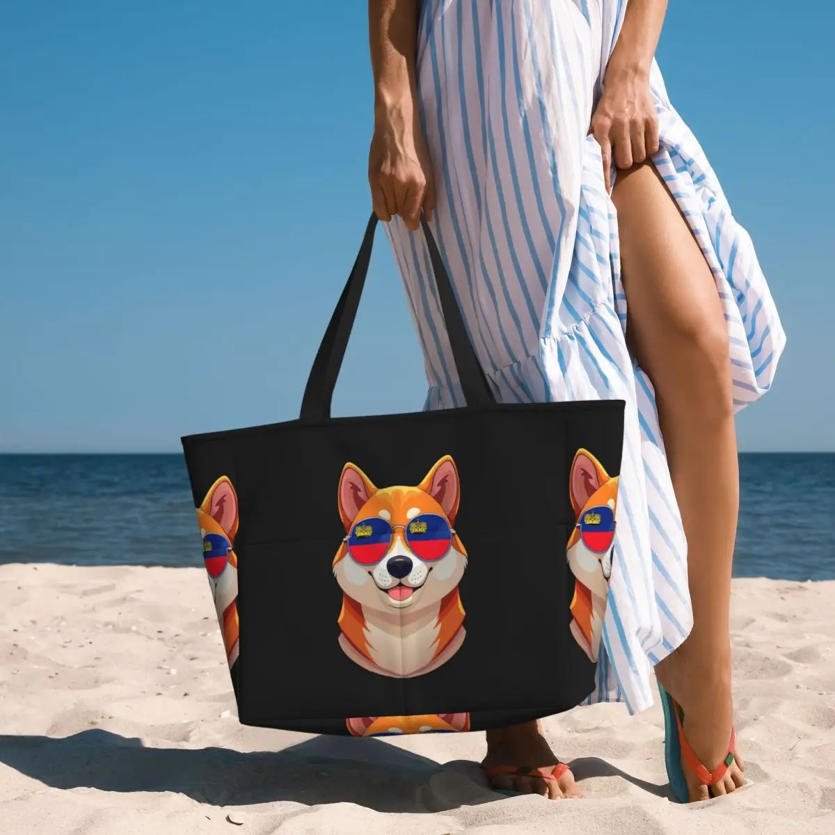 Vintage patriótico shiba inu liechtensteiner bandeira praia sacola esporte ginásio yoga grande sacola feminina saco de viagem saco de fitness