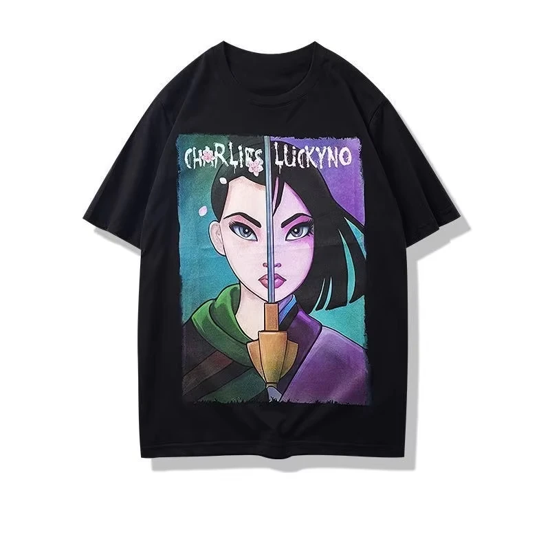 

2026 Mulan Cartoon Graphic Tee 100% Cotton Couple Matching Shirts Unisex Crew Neck Loose Casual Streetwear Tops
