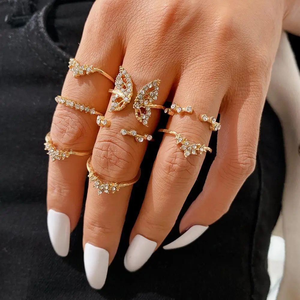 Korean Fashion Open Adjustable Butterfly Rings for Women Simple Zircon Ring Set Gold Color Simple Hip-Hop Delicacy Jewelry Gifts