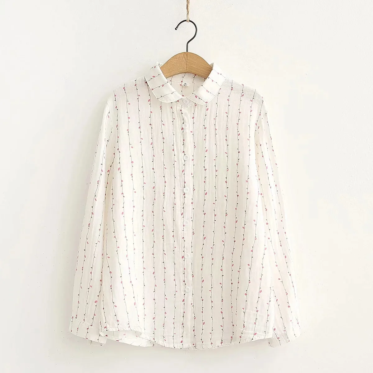 Double-layer 100% Cotton Gauze White Shirt With Button Female Tops Causal Loose Pleated Folds Long Sleeve Shirts Women Clothing