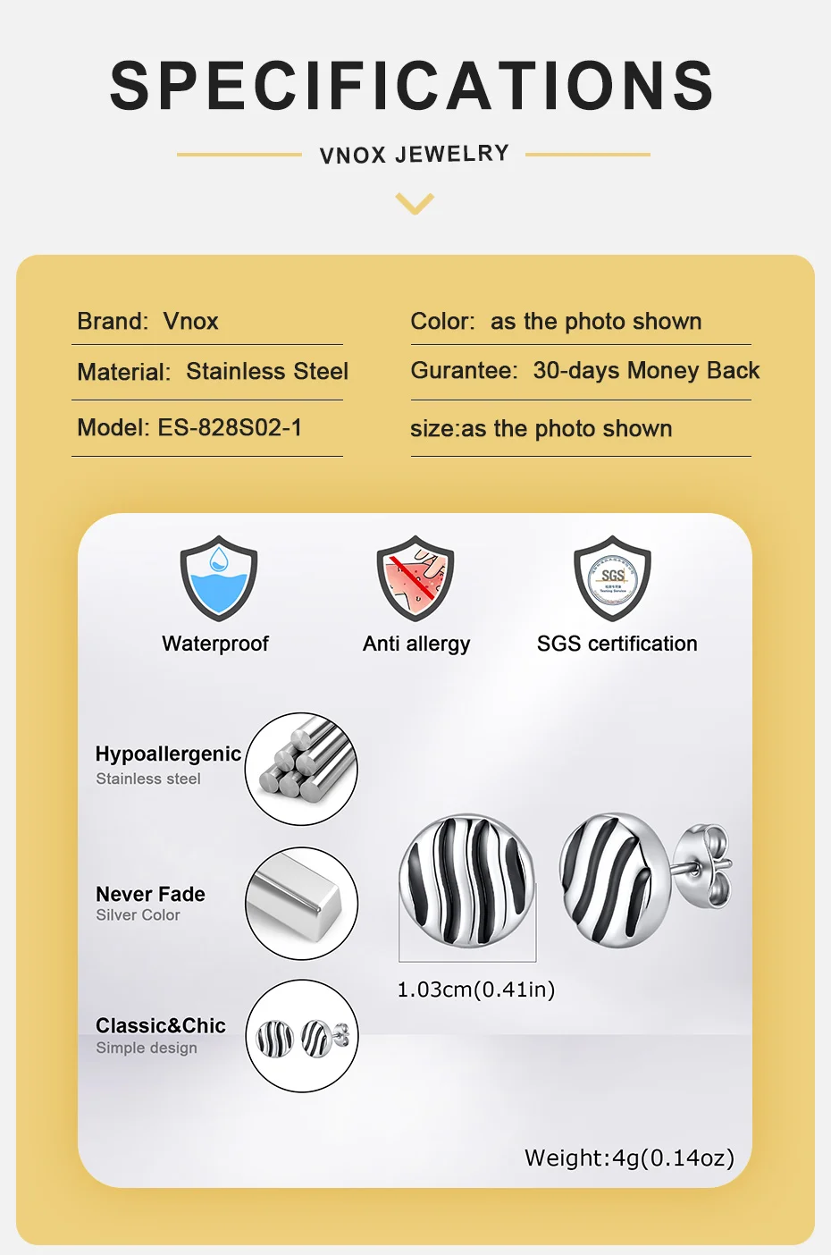 Vnox Edelstahl Runde Wasserwellen-Ohrstecker für Herren, Silberfarben Täglicher Punk-Schmuck Geschenk für Vater Sohn Ehemann Freund – Detail 4