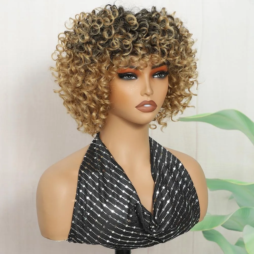 

Короткие вьющиеся парики с челкой, блонд Омбре, синтетические вьющиеся парики для черных женщин, синтетические термостойкие волоконные пушистые короткие парики Af