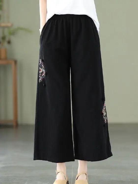 Large Size Cotton Linen Pants Women's Ethnic Embroidery Casual Pants Vintage Artistic Button Wide Leg Nine Point Pants