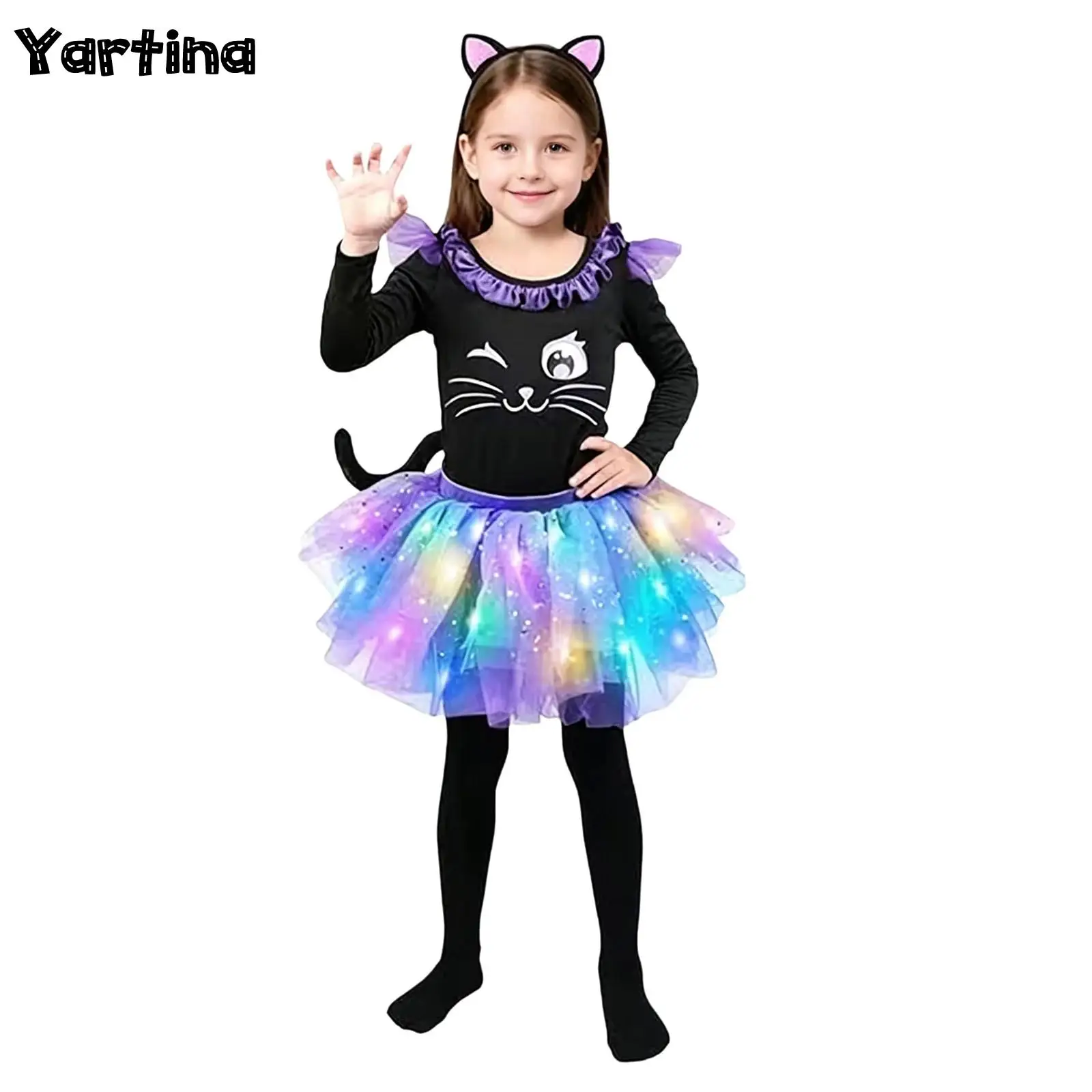 Disfraz de Halloween para niñas, mono de manga larga con falda tutú de malla con volantes, accesorios para la cabeza, cola sintética y medias