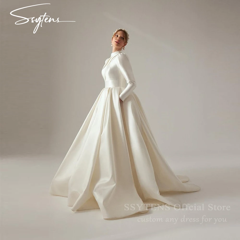 SSYTENS Ivory Wedding Dresses Muslim Women Long Sleeves Formal High Neck Civil Bride Gowns Customized Satin فساتين حفلات الزفاف