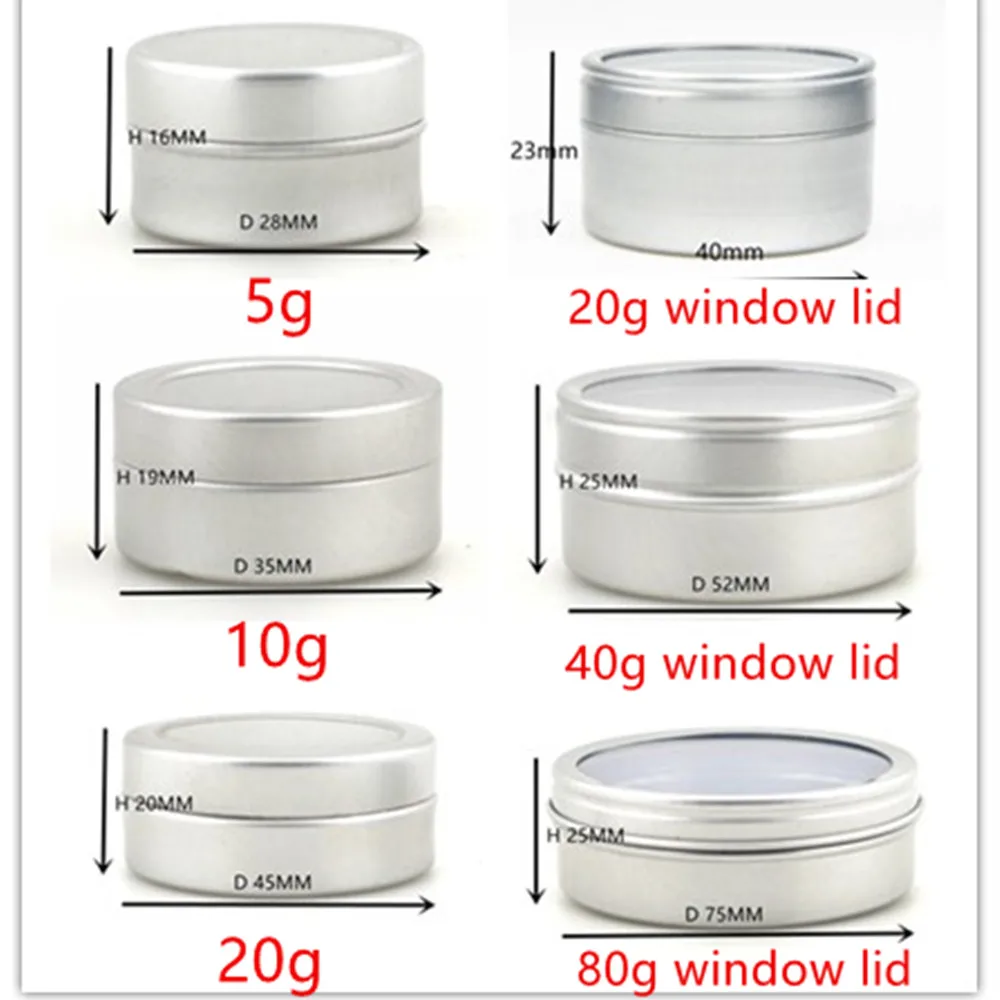 5g 10ml 20g 40ml  80ml small empty round aluminium, metal,Container,case,jar, pot,Balm Tins with Clear View Window press fit lid