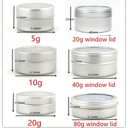 5g 10ml 20g 40ml  80ml small empty round aluminium, metal,Container,case,jar, pot,Balm Tins with Clear View Window press fit lid