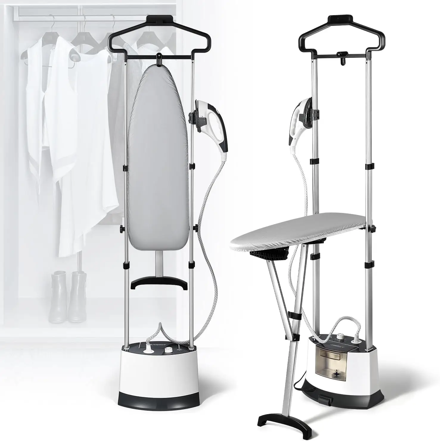 Upgraded 1500W Standing Garment Steamer, Rapid 25-Second Heat-Up, 1-Hour Continuous Steam, 1.6L Water Tank, Self-Cleaning & Dual-Protection Tech, Includes Ironing Board, Hanger, Gloves