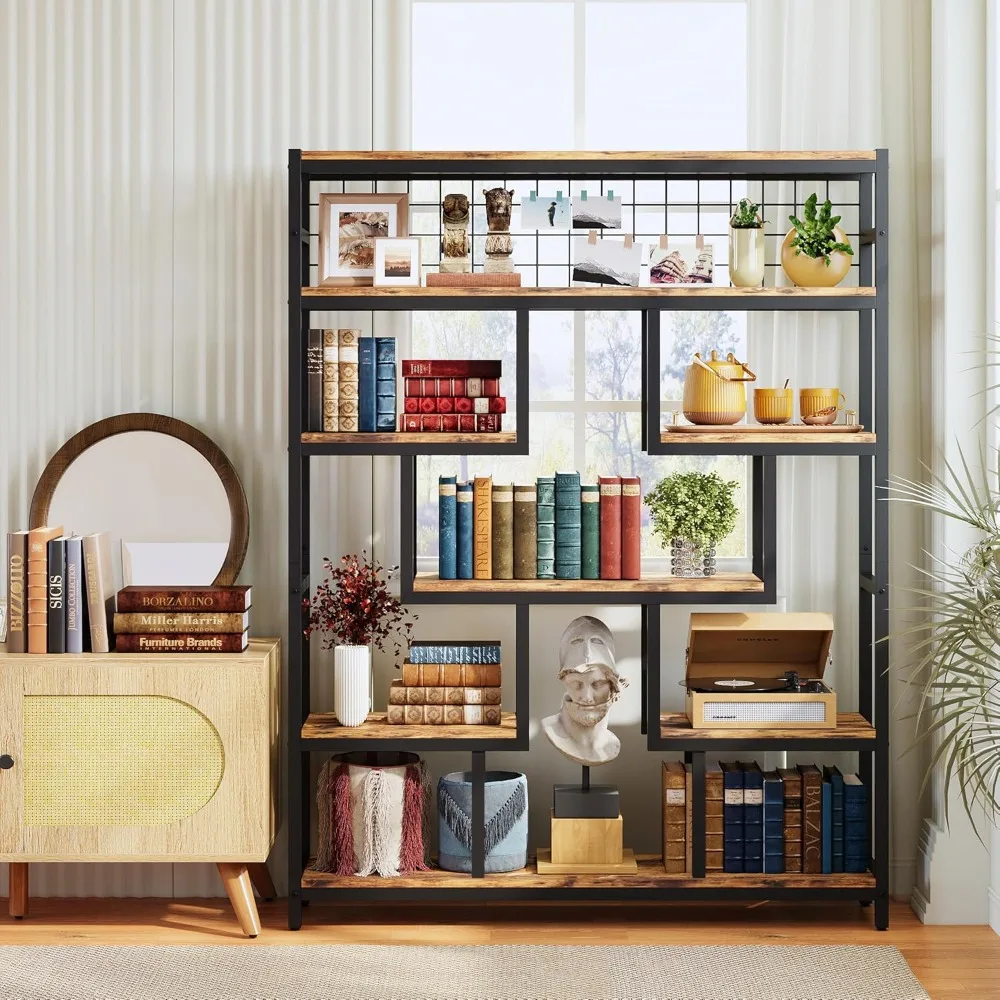 Bookshelf and Bookcase 6-Tier 55 in Large Etagere Bookcase, Industrial Open Display Shelves Geometric Bookcase with Sturd