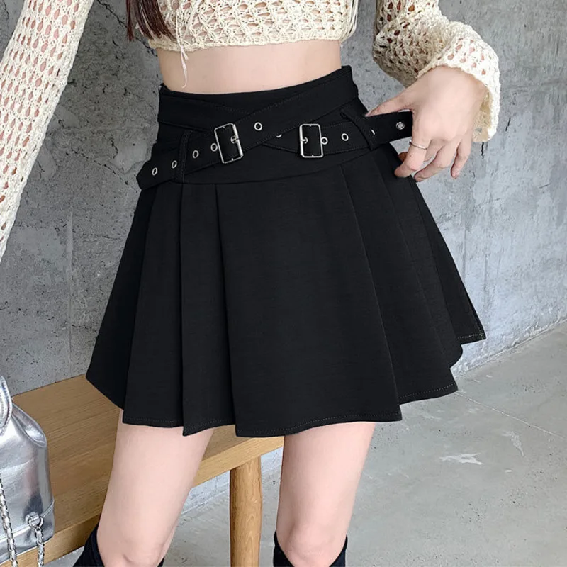 Korean Style A-line Pleated Skirts Women Summer High Waist Skirts Black Gray Slim Fit Y2k Skirt With Double Belt Streetwear 2025