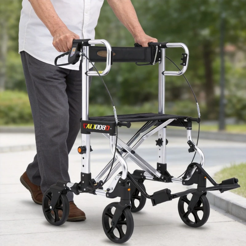 Folding Rollator Walkers with Seat for Seniors,Adjustable Shopping Mobility Walker, Aluminum Four-wheel Walking Aids for Seniors