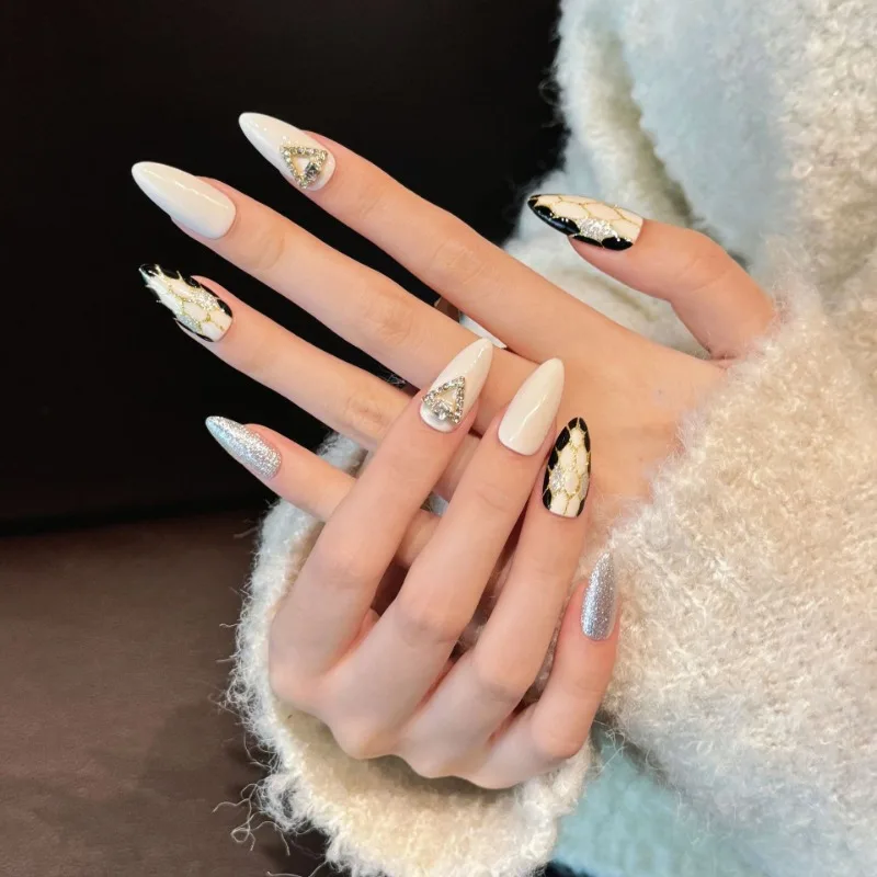 10 pçs artesanal arte do prego acrílico imprensa em unhas preto unhas falsas com encantos prata glitter manicure longo dicas de unhas de alta qualidade