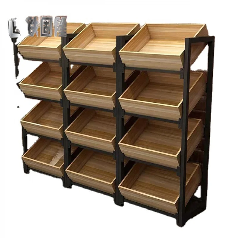 (customized)Multifunctional Metal Wooden Wine Fruit Vegetable Display Shelf Light Duty Plastic Supermarket Rack Grocery Shop