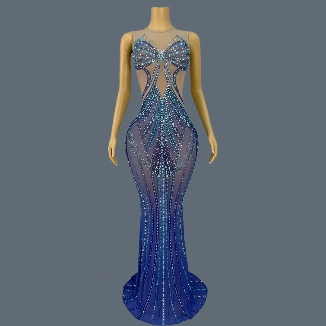 

Blue Sheer Translucent Floor Dress High-end Sexy Evening Dress Birthday Party Dress Sparkly Rhinestone Long Dress lanjingling