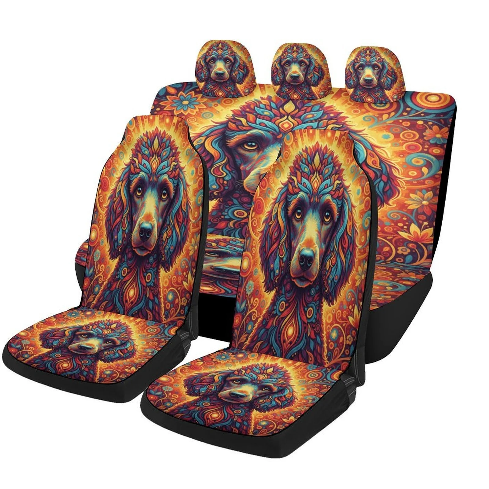 Psychedelic Dog Portrait Themed Car Seat Cover Set For Most Cars, Trendy High-quality Car Seat Protector Covers Full Set, Car S