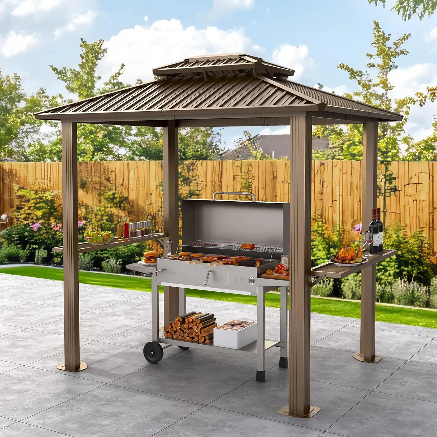6x8 Hardtop Grill Gazebo Outdoor BBQ Shelter with Galvanized Steel Double Roof & 2 Side Shelves for Deck Backyard, Customized