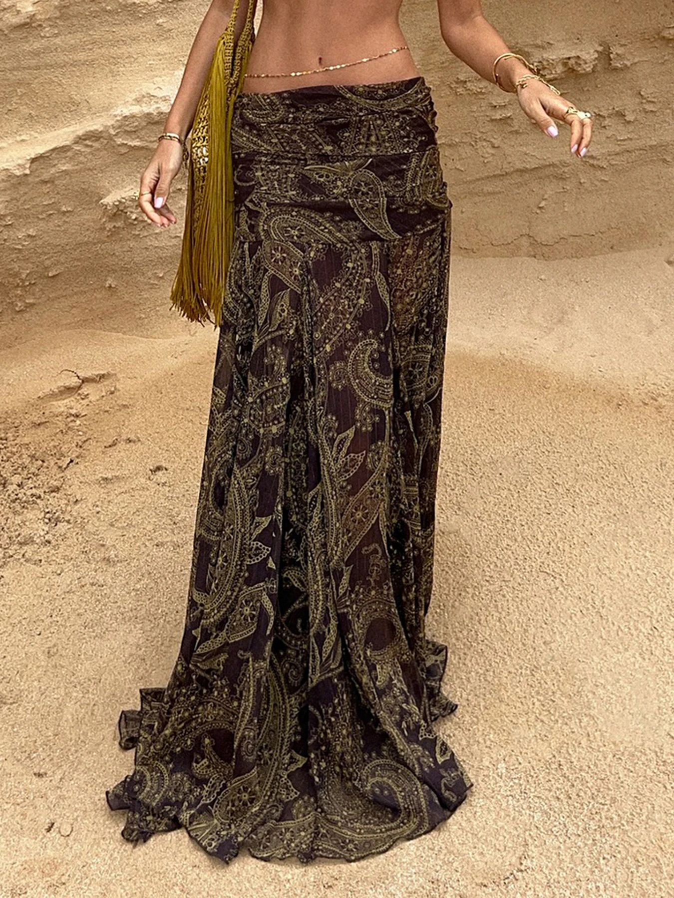 SUCHCUTE Brown vintage Print Low-Waist Skirts For Women Elegant Boho Long Skirt Grunge Fairycore Y2K Aesthetic 2000s Outfits