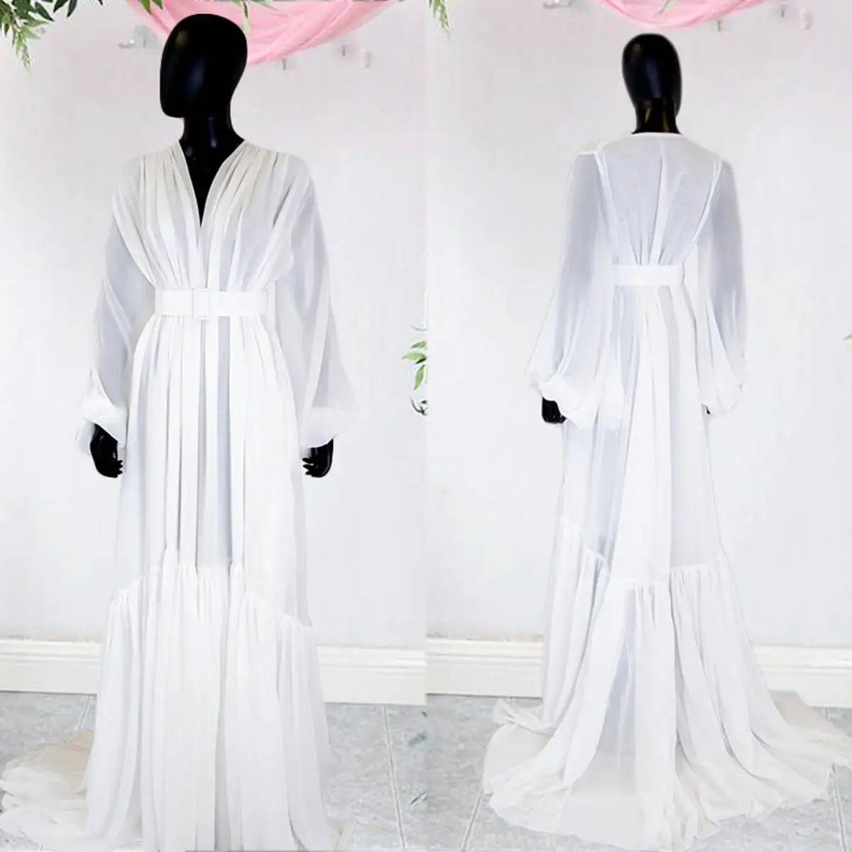 

Classic Evening Dress Long Sleeve Sashes Pregnant Party V Neck Women Bathrobe Nightgown Pijama Custom Made High Quality