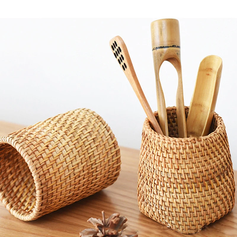 Handmade Pen Holder Woven Wood Vine Rattan Stationery Container Storage Box Organizer Students Gifts Office School Desk Supplies
