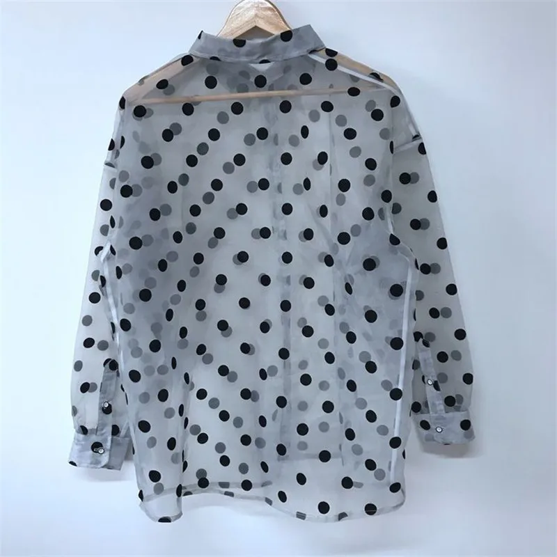 Men Clothing Summer Fashion Dot Print Transparent Sunscreen Shirt Y2K Casual Lapel Long Sleeve Loose Thin Tops Camisas De Hombre