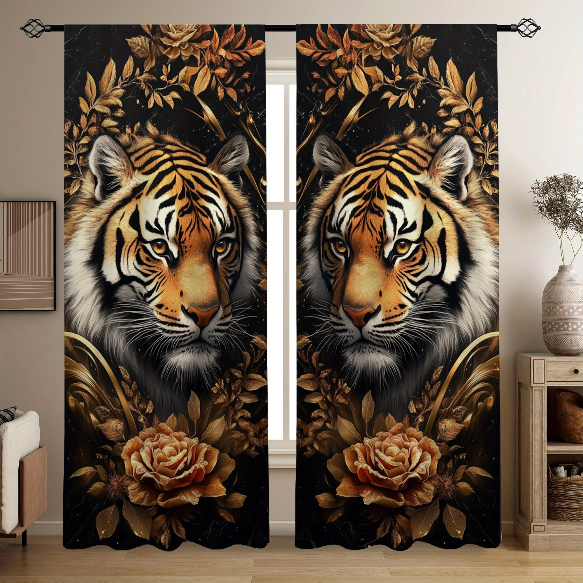 Large Tropical Tiger Art Print Curtains Gothic Floral Drapes Vintage Animal Wall Mural Window Treatment Room Decor Accent