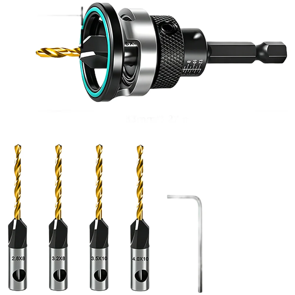 Countersink Drill Bit Set with Integrated Depth Stop and Hex Adjustment for Repeatable Results in Wood Projects