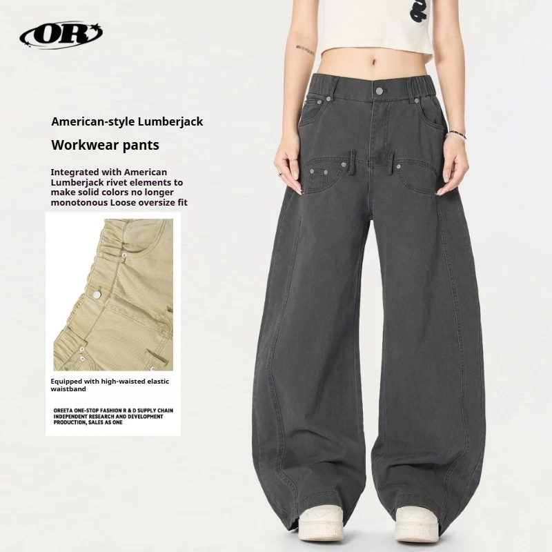 

OR FL American Retro Curved Knife 100 Cotton Women Cargo Trousers Design Sense Baggy Lazy Solid Color Wide Leg Pants Y2k Slacks