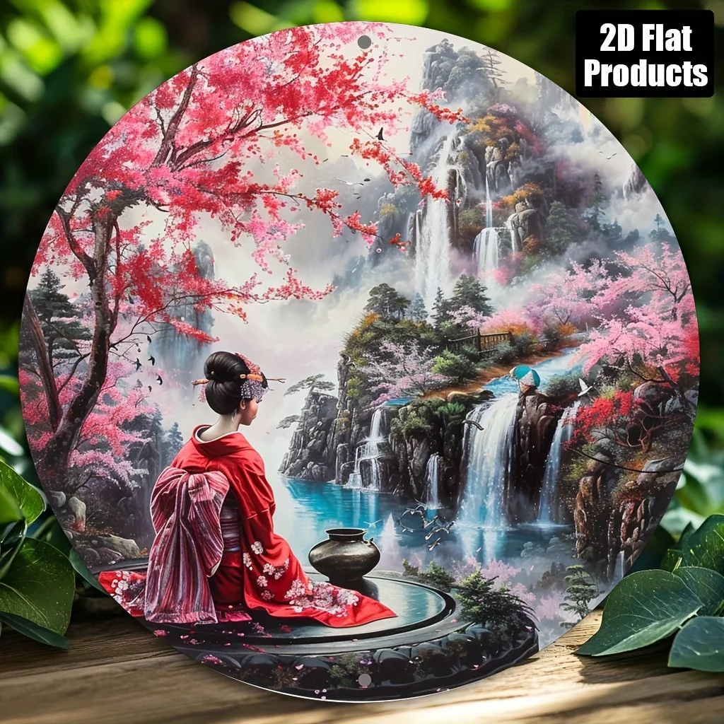 2026 2D Plat - 1 pièce Art mural Kimono Japonais Vintage - Panneau rond en bois de 8x8 pouces avec cascade tranquille et scène de fleurs de cerisier