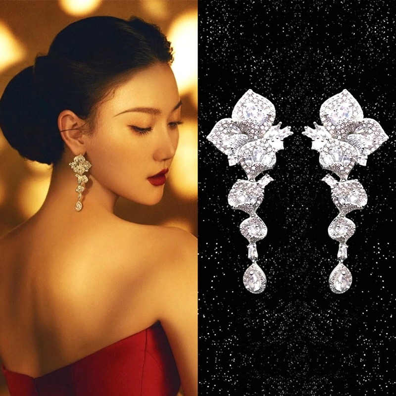 Premium temperament bridal banquet wedding earrings wedding dress earrings long earrings super flash accessories