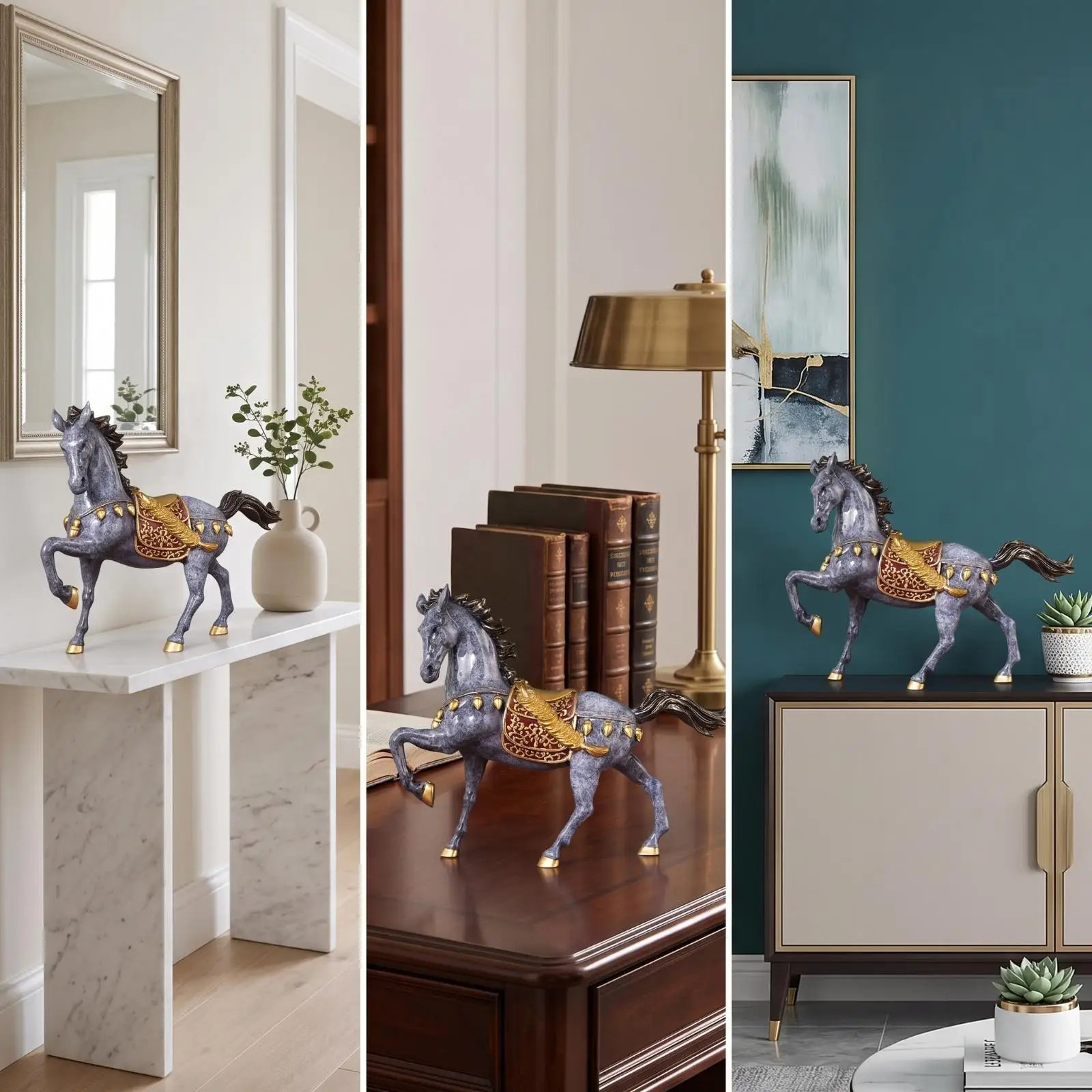 Copper Horse Statue Metal Figurine Dynamic Pose Decor with Embroidered Saddle for Living Room Shelf Art