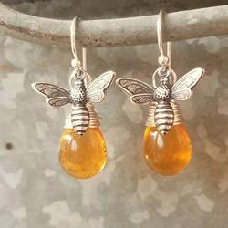 2025 Vintage Bee Animal Long Drop Earrings Anniversary Girl Gift Fashion Yellow Amber Pendant Earrings for Women Accessories