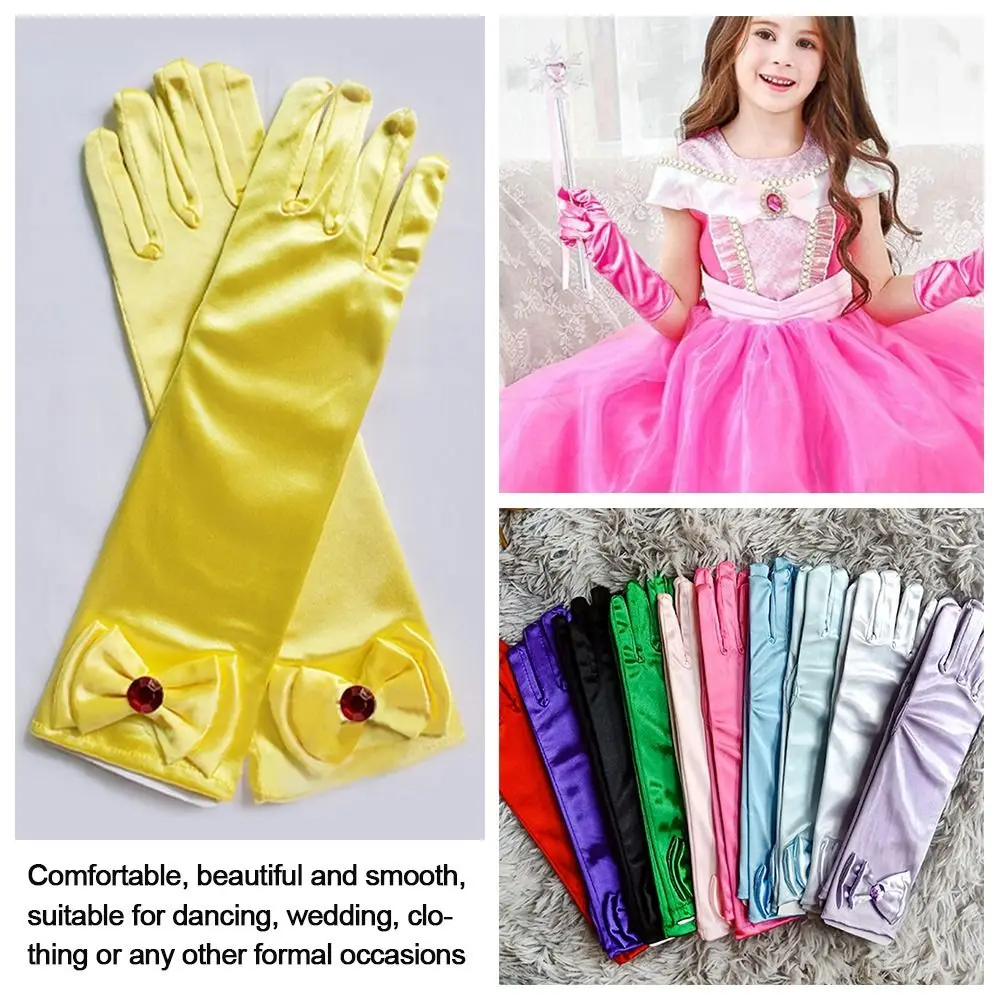 Children Long Gloves Princess Dance Performance Stage Gloves Satin Sequins Bow Glove Solid Full Finger Mittens Birthday Gifts