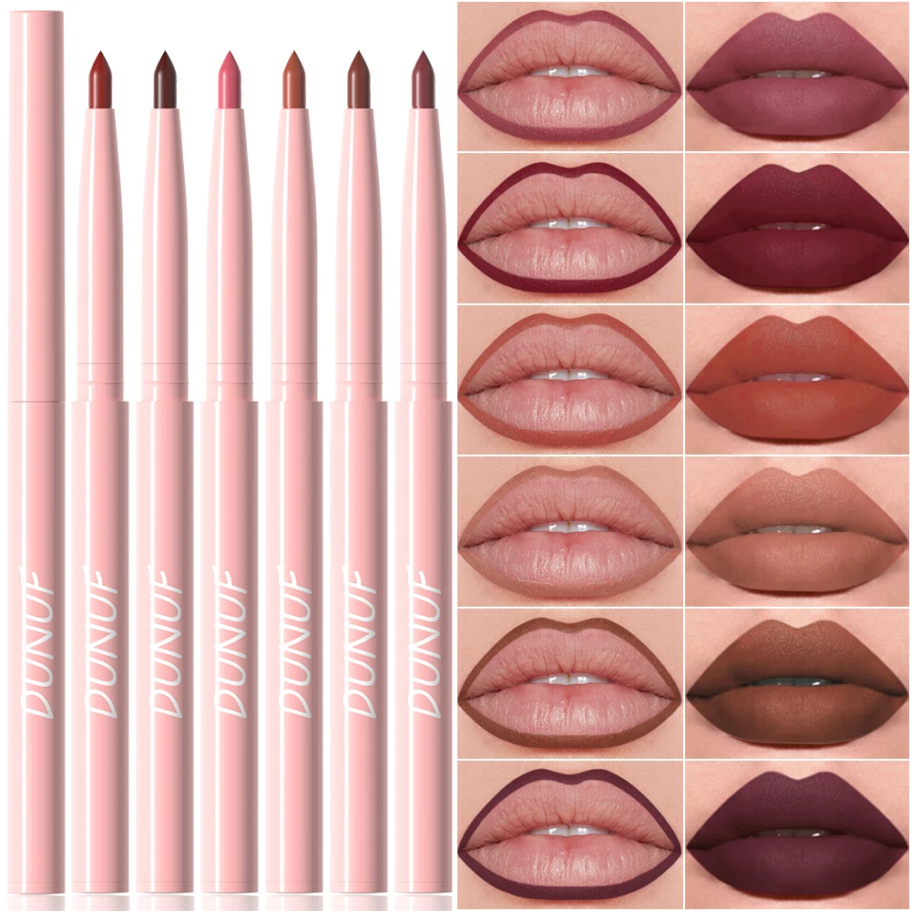 DUNUF 6 ชิ้น/เซ็ต Velvet Matte Lipliner ดินสอกันน้ําลิปสติกปากกา Non-stick Cup แต่งหน้า Rose Red Lip Tint Nude สีน้ําตาล lip Liner