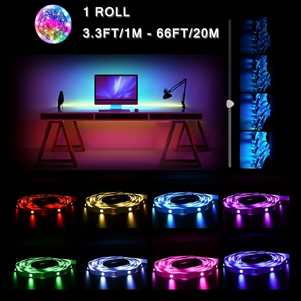 3.2FT-98FT LED Strip Light,TV LED Backlight USB RGB 5050 Color Strip,Sync Color-change LED String,24key APP Control Party Decor