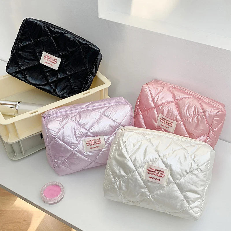 Cute Quilting Cotton Makeup Bag Women Zipper Cosmetic Organizer Female Cloth Handbag Box Shape Portable Toiletry Case For Girls